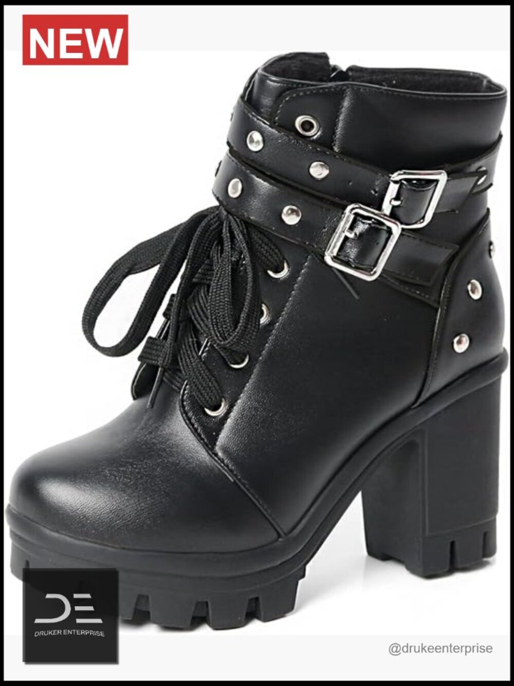 PU Leather Platform Combat Boots Chunky Heel Ankle Booties with Zipper Lace Up